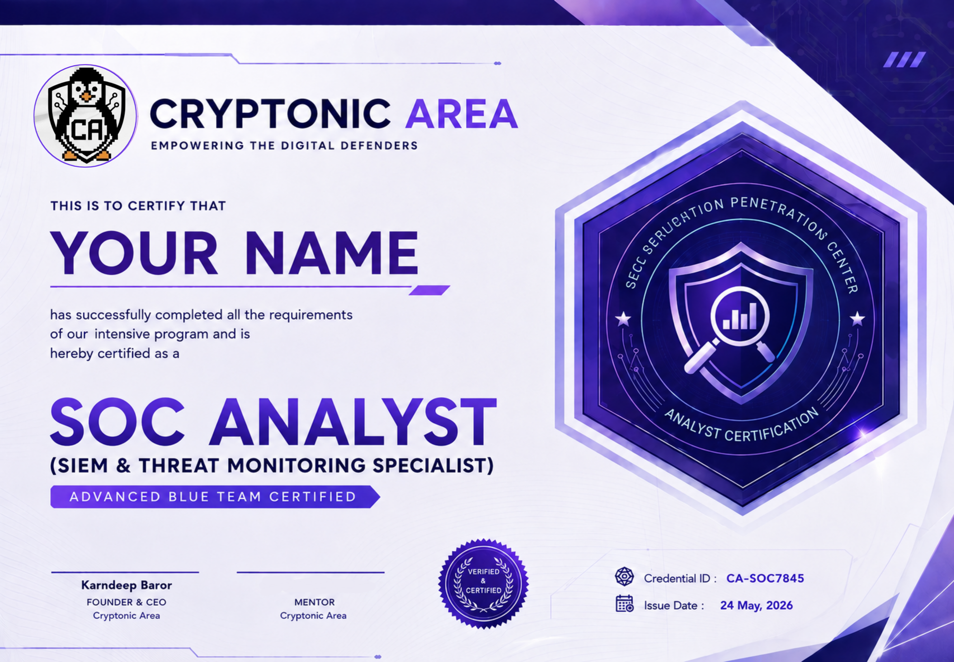 Cryptonic Area SOC Analyst Advanced Training & Certification Program certificate